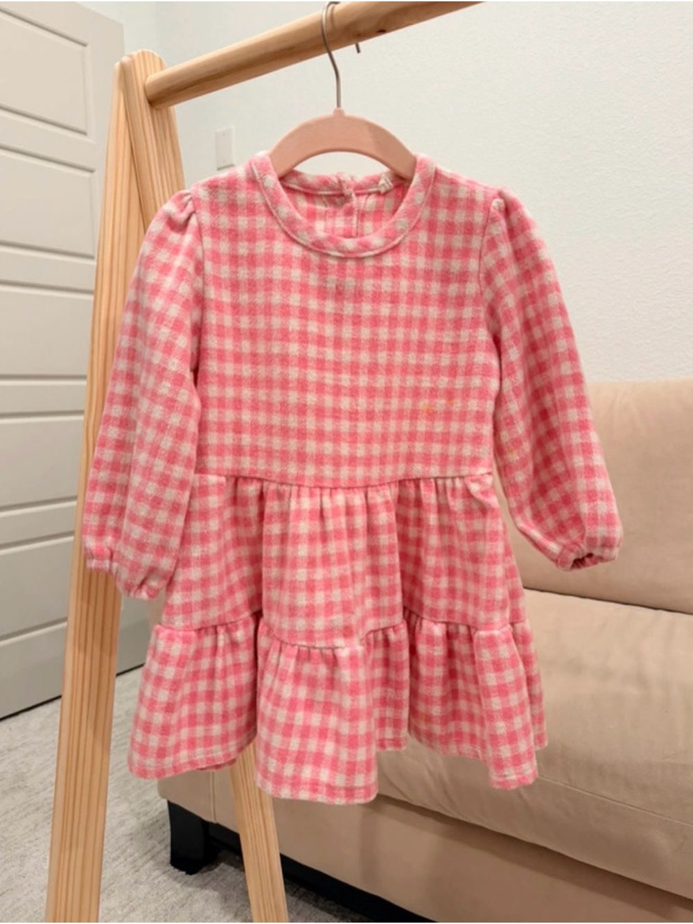 Carter's Pink and White Gingham Tiered Long-Sleeve Dress